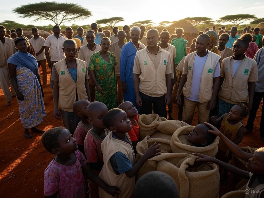 Aid workers distributing grain in an African village