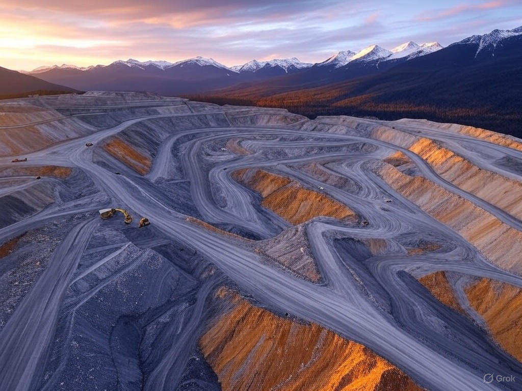 Aerial view of a British Columbia lithium mine at dawn