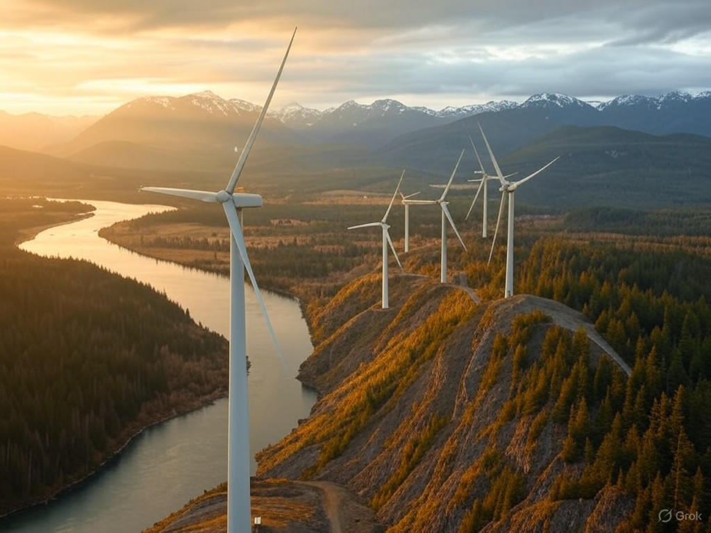 Wind turbines against a rugged BC skyline