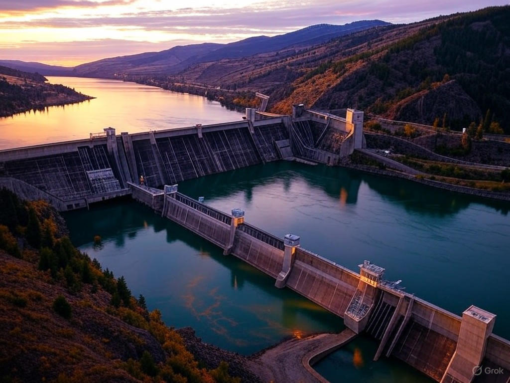Aerial view of the Columbia River dams at dusk