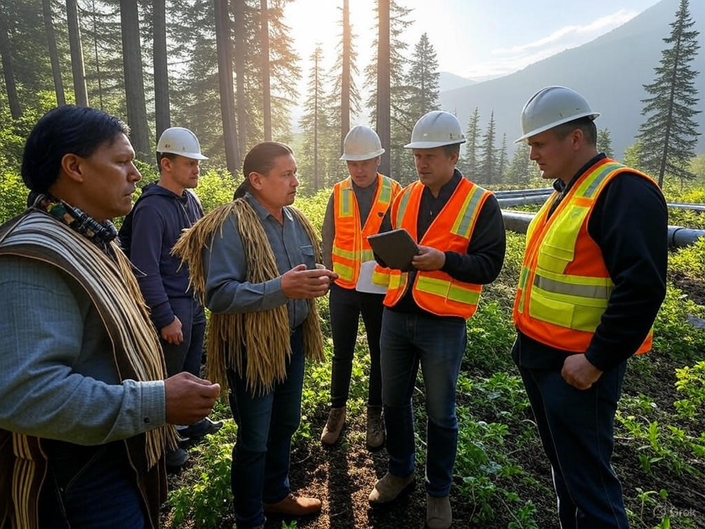 Indigenous leaders and engineers discussing a pipeline project in a forested area, representing balanced development