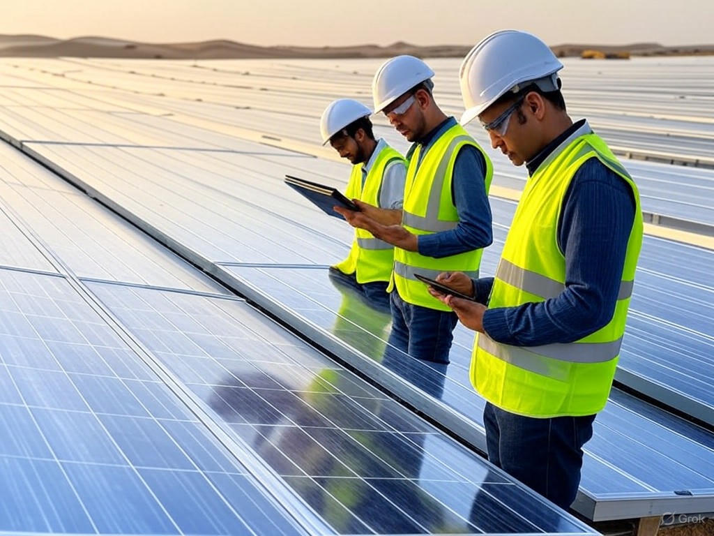 Engineers inspecting solar panels at a construction site