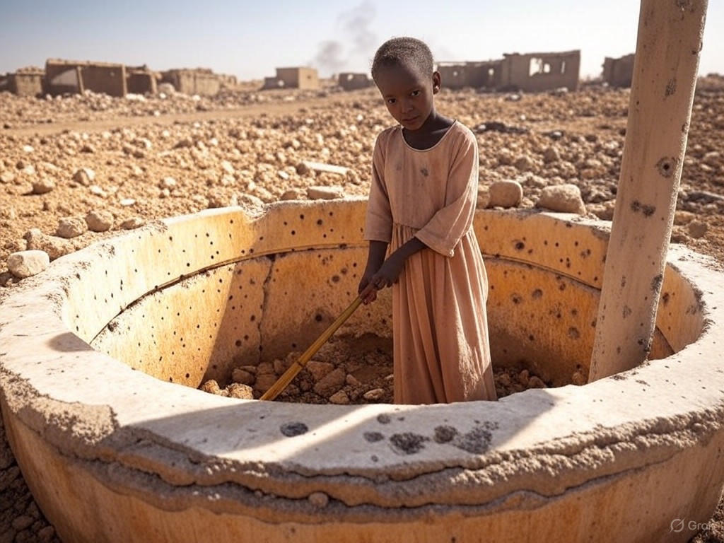 A young Sudanese girl drawing water from a war-torn well