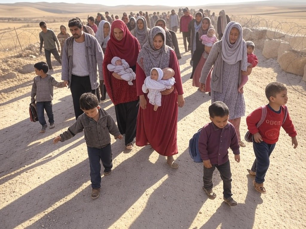 Syrian refugees crossing the Turkish border