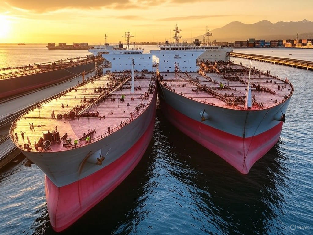 Oil tankers at the Port of Vancouver with Trans Mountain Pipeline in the background