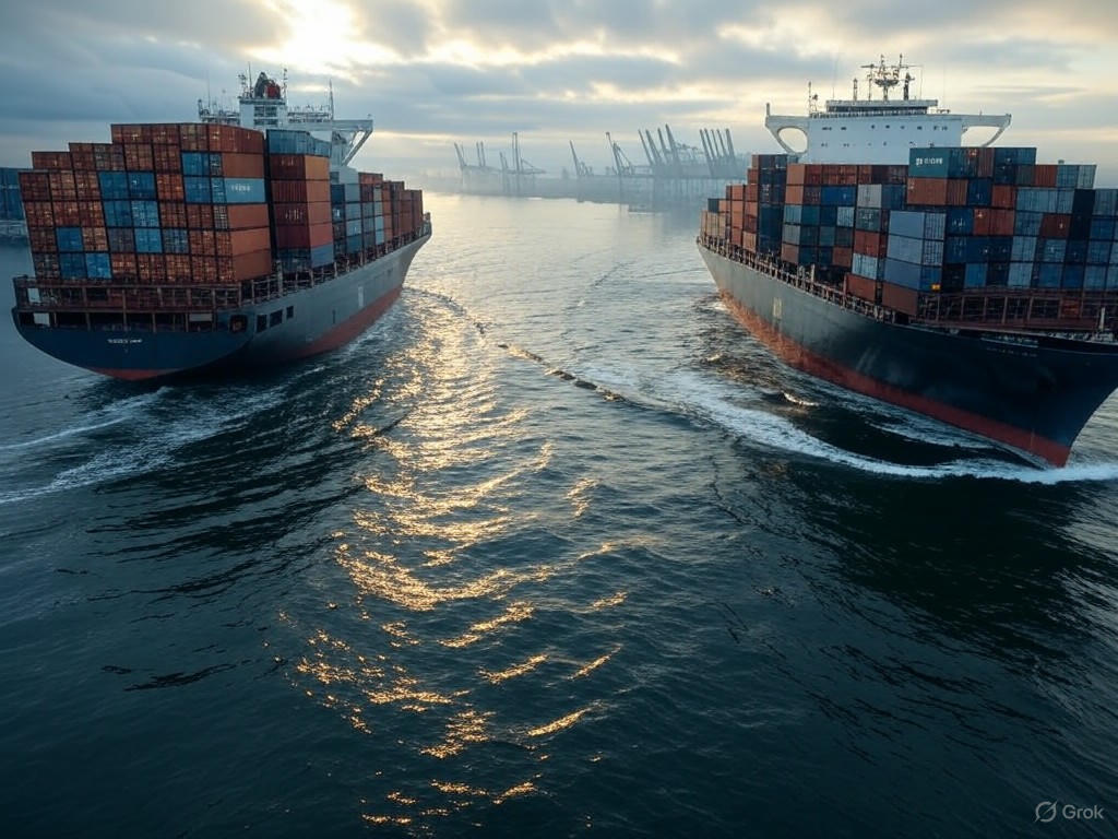 Container ships navigating Vancouver Harbor