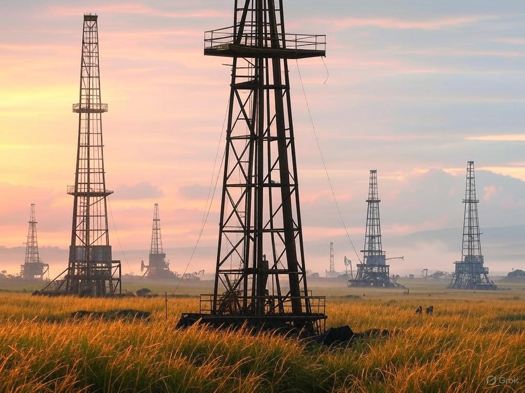 Venezuelan oil rigs at dawn